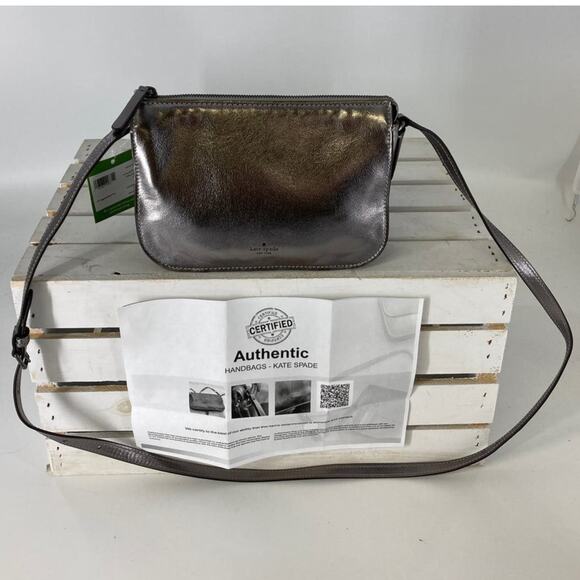 KATE SPADE NWT, PEWTER METALIC LEATHER WOMENS CROSSBODY BAG - Picture 2 of 12